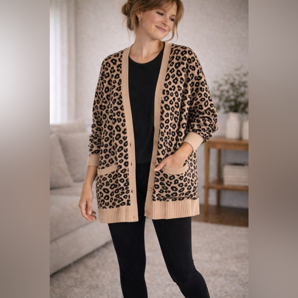 Nicole Miller NY Leopard‎ Print Open Front Cardigan Sweater Size S